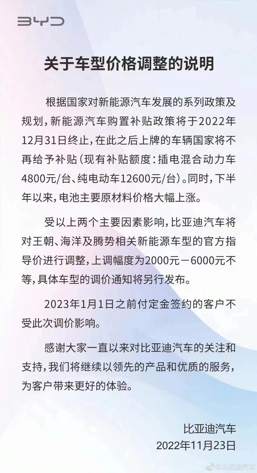 比亚迪官宣：涨价！