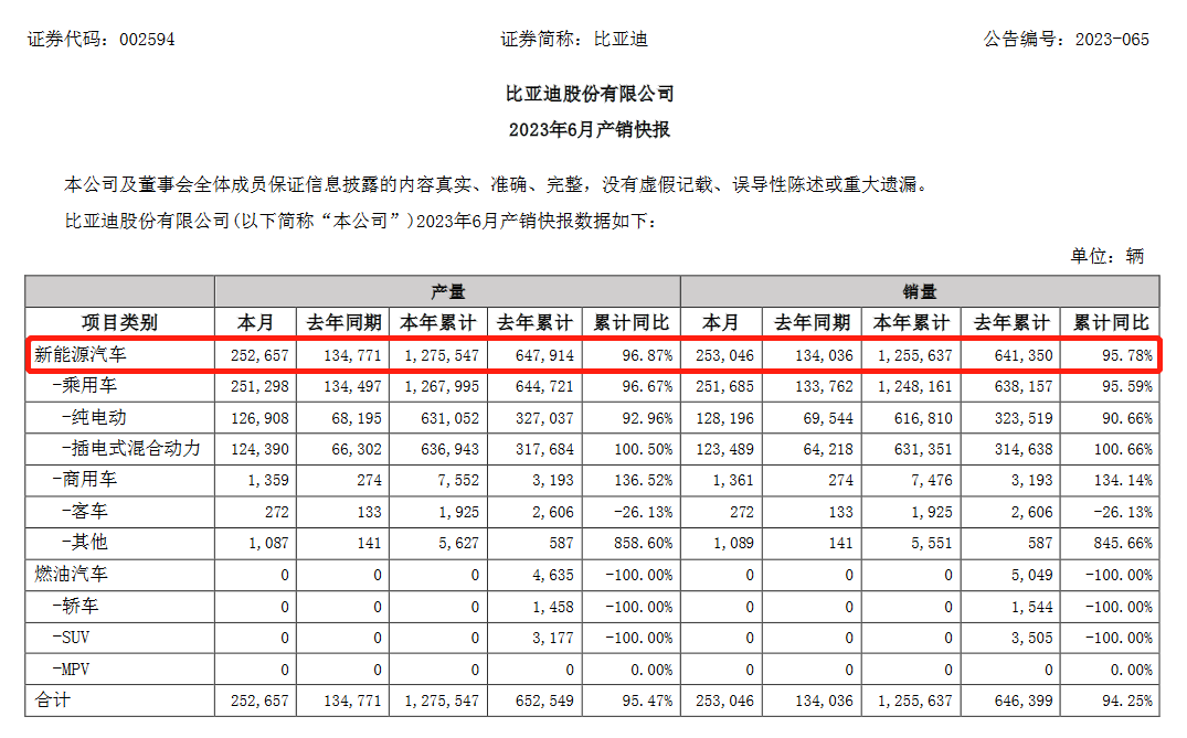 比亚迪月销突破25万辆大关，上半年累计销售125.56万辆