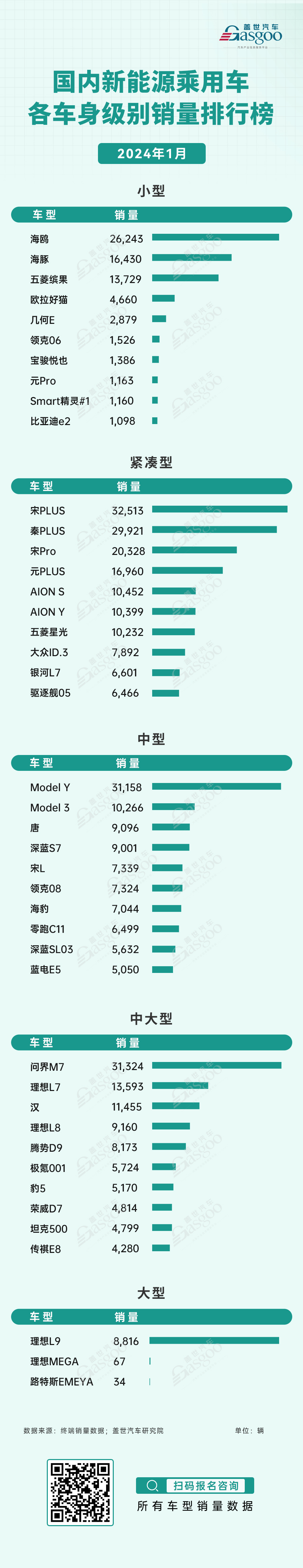 2024年1月新能源与燃油车型销量排行榜 | 盖世汽车国内乘用车终端销量数据