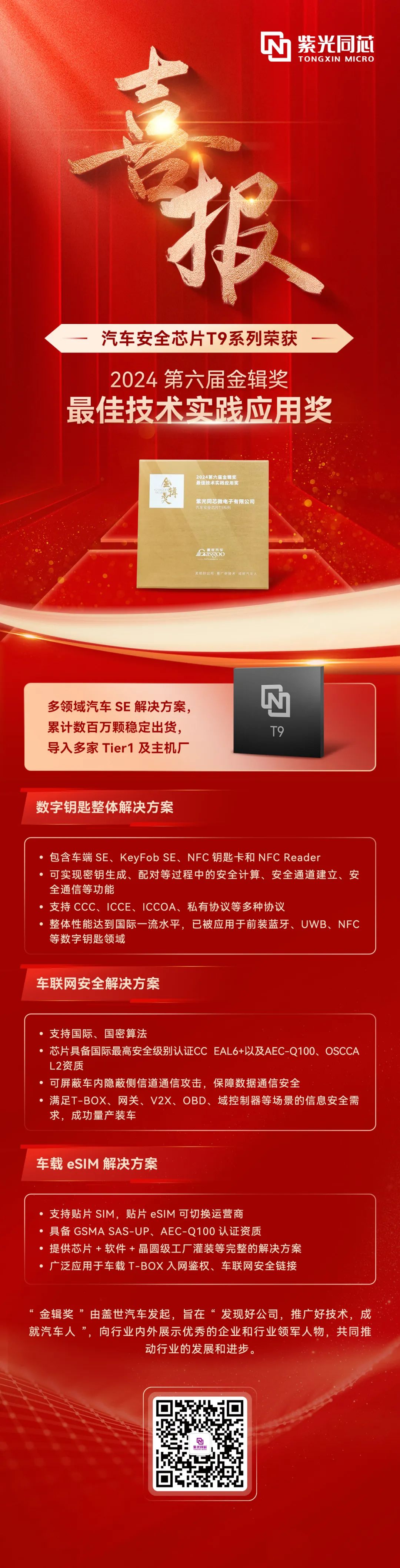 紫光同芯汽车安全芯片T9系列荣获第六届金辑奖